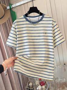 Resyla Striped Digital Print Fashionable Minimalist Plus Size Long Round Neck Drop Shoulder T-Shirt, Gift For Friends - Multicolor - View 3