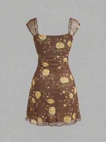 Floral Print Mesh Pleat Dress With Bow - Black - View 3