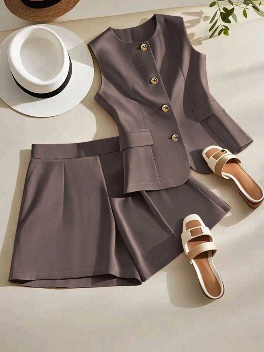 Franclia Summer Elegant Office Women Brown 2 Pieces Set,Solid Color Vest & Shorts Blazer Set,Casual Commuter Short Suit Set,Grey Two Piece Shorts Set Woman - Coffee Brown - View 1