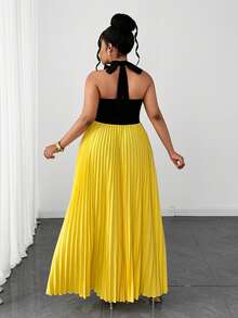Maweii Plus Size Women's Bowknot Cold Shoulder Backless Pleated Halter Dress - Yellow - View 6