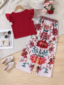SHEIN Bộ 2 món cho bé gái tuổi teen, gồm áo dệt kim cổ tròn tay phồng và quần ống đứng in họa tiết, phong cách thường ngày thoải mái, phù hợp cho mặc hàng ngày và đi nghỉ mát mùa xuân/hè. - Đỏ - Xem 2