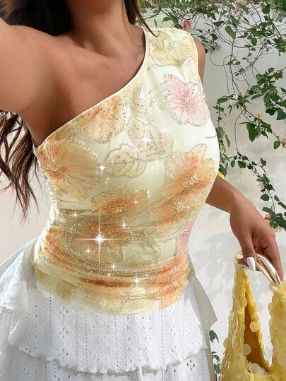 GalTyme Día de San Valentín, Blusa de talla grande para mujer con un hombro y pliegues de unicolor