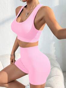 Dewbera Dewbera Women's Solid Color Ribbed Cropped Tank Top And Shorts Set - Dusty Pink - View 3