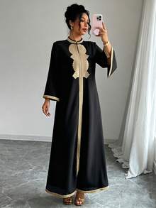 Elenzga Elegant V-Neck Embroidery Lace Patchwork Split Dress For Women - Black - View 6