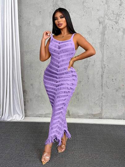 BamGleam Đầm len maxi dài cổ chữ V khoét rỗng, tua rua, kiểu dáng thường ngày, gợi cảm.