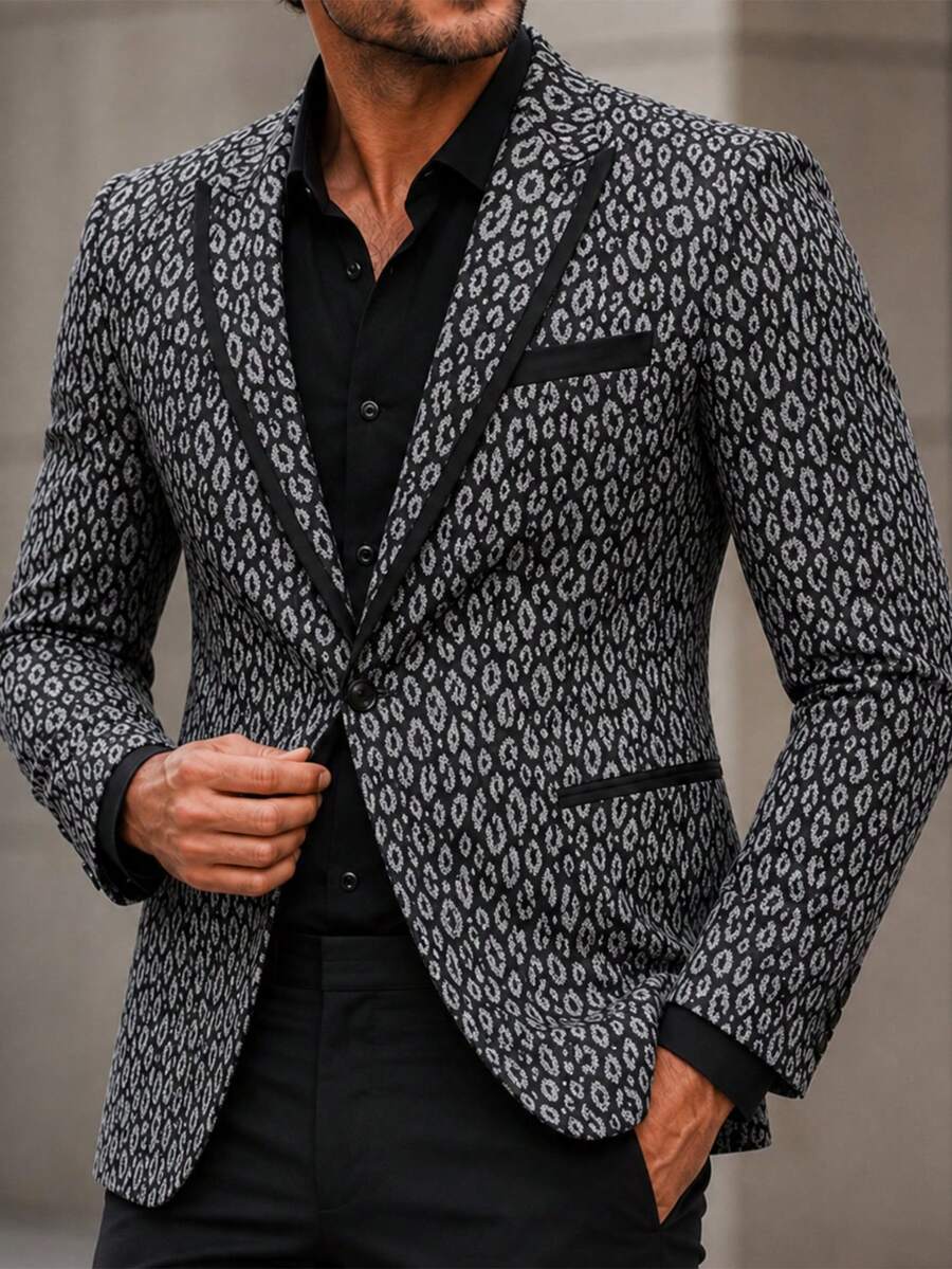 Manfinity Mode Áo blazer nam công sở in họa tiết jacquard dệt kim, kiểu dáng thường ngày. - màu đen - Xem 1