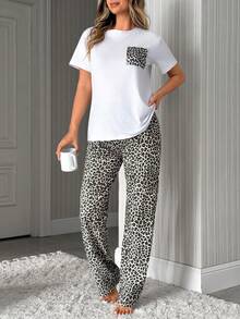 SHEIN Contrast Leopard Print Pocket Tee & Pants Pajama Set - Multicolor - View 6