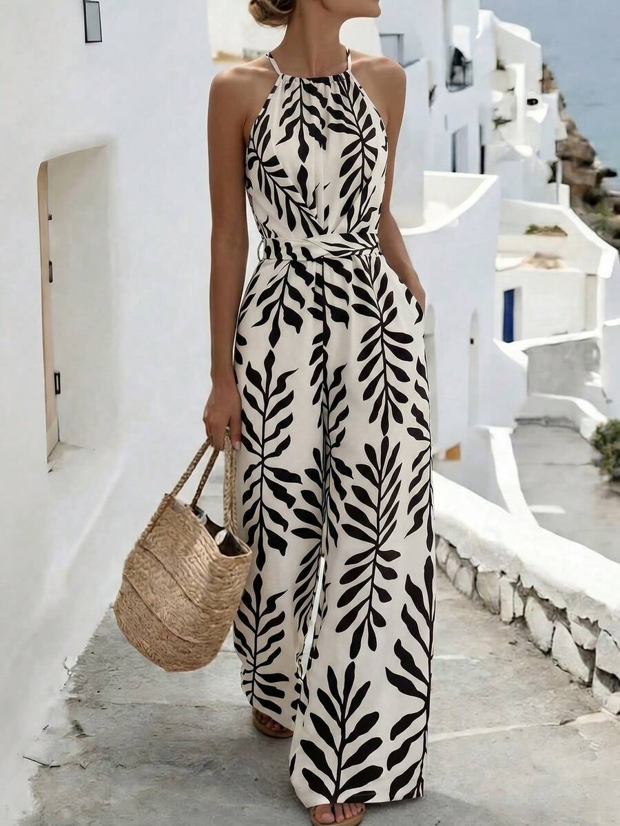SHEIN Elenzya Mono de pierna ancha con tirantes de espagueti y cintura ceñida, con estampado en blanco y negro, diseño encantador y elegante para vacaciones, playa, calle, viajes diarios, sexy y romántico, negocios, citas, vacaciones, mono sin mangas en blanco y negro - Multicolor - Ver 1