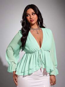 Viva Relle Blusa sexy con lazo de gasa de talla grande - verde menta - Ver 5