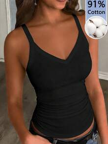 Slaydiva 91% Cotton Black Summer Casual Everyday Women Tank Top,Solid Ribbed V-Neck Racerback Gathered Basic Versatile Outfits For Party,Sports & Yoga - Black - View 8