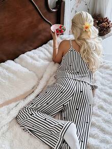 CottageSlumber Women's Striped Heart Print V-Neck Contrast Lace Camisole And Pants Pajama Set, Spring/Summer - Black - View 2