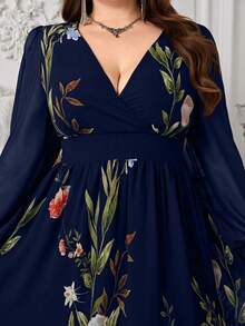 Modelyn Plus Size Women's Elegant Floral Print Cross V-Neck Long Sleeve Chiffon Ruched Waist Slim Fit Romantic Maxi Dress - Multicolor - View 3