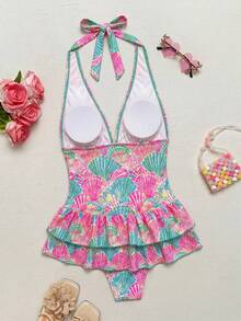 Bellisia Teal And Pink Textured Fabric Halter Neck Deep V-Neck Backless Double Ruffle Hem Dress, Cute Tropical Sweet Style For Summer Beach Vacation - Multicolor - View 7