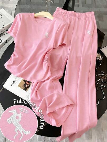 Tween Girl Cute Horse Embroidery Ruffle Short Sleeve T-Shirt Paired With High Waist Wide Leg Pants Set, Suitable For Brunch Dates, Casual School Days, Vacation And Daily Wear