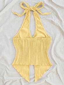 SHEIN Tall CURVE Plus Size Casual Solid Color Backless Halter Top - Light Yellow - View 2