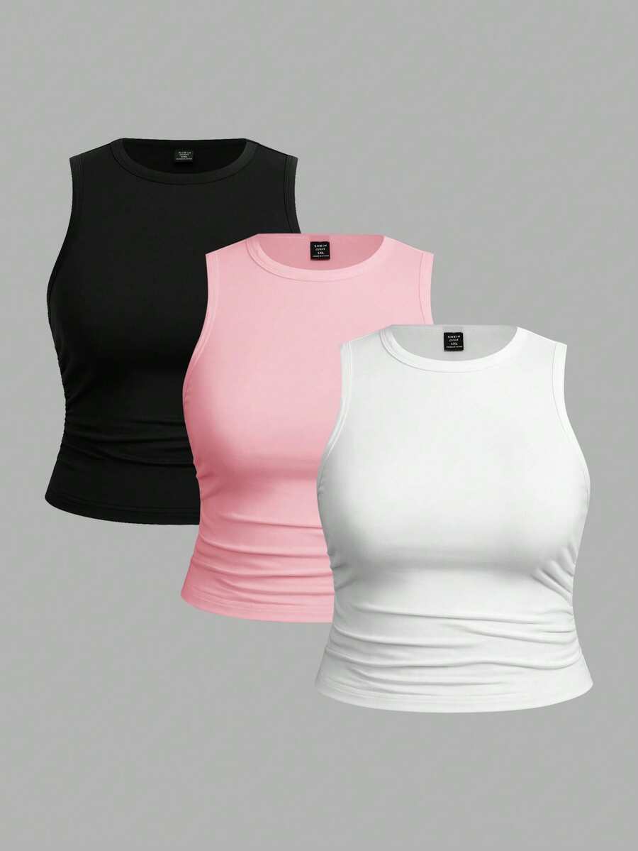 SHEIN EZwear 3件裝休閒大尺碼圓領無袖女款背心上衣,適合夏季 - 彩色 - 查看 1