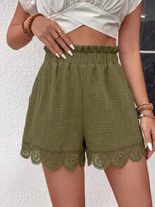 SHEIN Holidaya 女士夏季100%纯棉军绿色荷叶边弹力腰带口袋短裤，适合日常通勤、度假等多种场合。 - 軍綠色 - 查看 6
