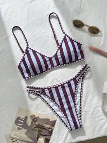 Swim Mod 棕色圓點印花荷葉邊飾可愛休閒海灘度假女款泳衣套裝 - 彩色 - 查看 2