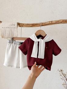 SHEIN 3件套男婴幼儿休闲校园风短袖衬衫、Polo衫、短裤和围巾套装，含腰带，适合优雅场合、婚礼宾客、花童、戒指童、婚礼、生日、洗礼和婴儿派对等。 - 彩色 - 查看 6