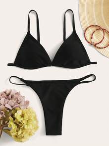 Swim Basics Summer Beach Triangle Thong Bikini Set - Black - View 8