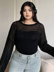 Livesso Petite 女款純色透視長袖短版T恤，適合嬌小女性 - 黑色 - 查看 4