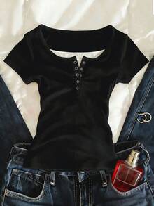 Camiseta de manga corta casual y de oficina con contraste de encaje y botones a la mitad, para verano - Multicolor - Ver 4