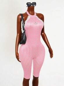 Mistrie Bộ jumpsuit nữ gợi cảm, thoải mái, phong cách nghỉ dưỡng, in họa tiết, phối ren tương phản, hở lưng, buộc dây phía trước. - Hồng - Xem 6