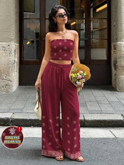 Modelyn 桃花蕾丝图案女士两件套，时尚露背吊带上衣搭配直筒裤，酒红色印花两件套，夏季度假风