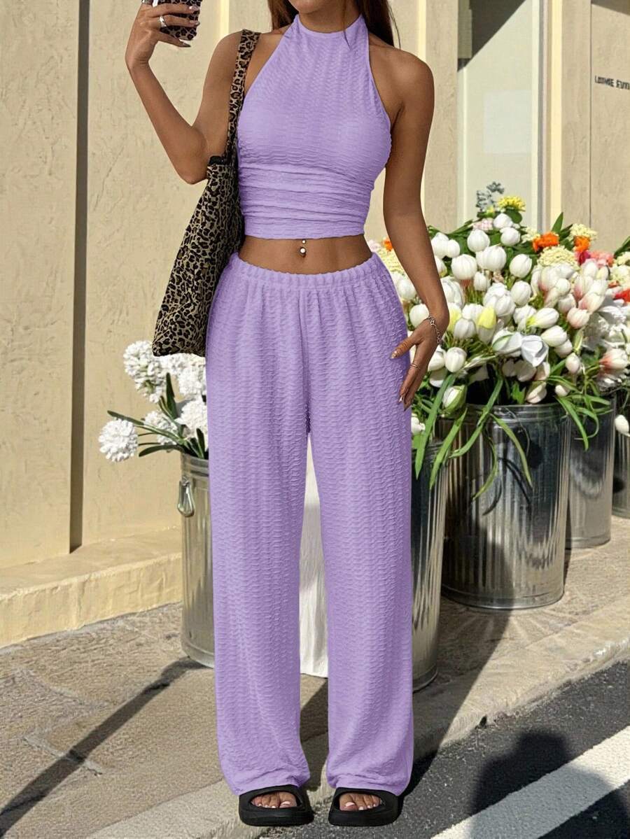 SHEIN EZwear 女士紫色纹理露脐吊带上衣和宽松阔腿裤套装 - 紫丁香色 - 查看 1