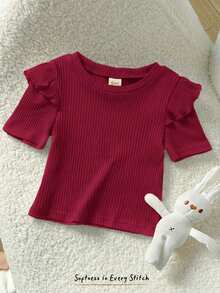 Cozy Pixies Blusa de punto suave de unicolor con cuello redondo y mangas cortas con volantes para niña bebé - Burdeos - Ver 5
