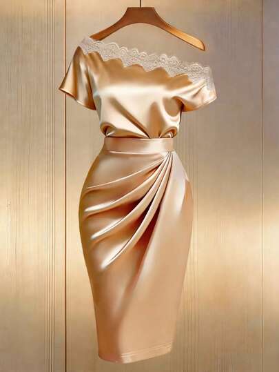 GlowEve 香槟色缎面亮面蕾丝装饰不对称肩部上衣和半裙套装，奢华优雅两件套，适合日常穿着、夏季、正式场合、派对、毕业典礼、商务场合、休闲通勤。