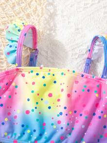 SHEIN Young Girl Colorblock Polka Dot Print Ruffle Trim Bikini Set Set, Summer Beach Holiday - Multicolor - View 9