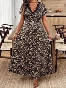 Breezaya Vestido elegante de talla grande para mujer con estampado de leopardo y parches de encaje en escote en V, adecuado para ir al trabajo - Multicolor - Ver 3