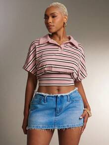 Denimoi Polo de cuello con cintura ceñida a rayas, top de moda con cuello - Rosa - Ver 3