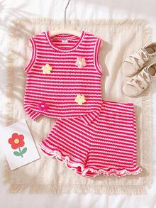 SHEIN Elladie kids 2件套女童条纹提花针织宽松背心短裤套装，适合休闲、度假、运动、夏季穿着 - 粉色 - 查看 8