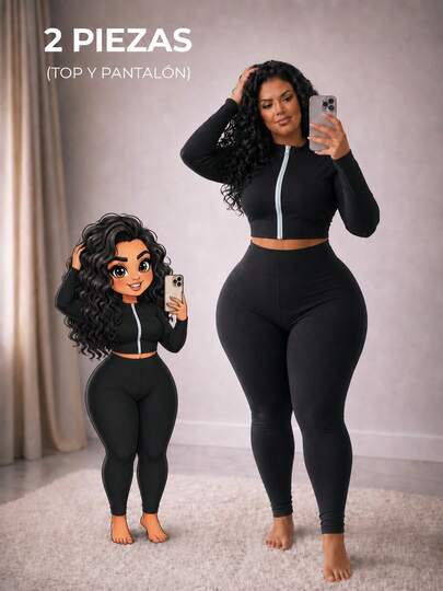 Curvy set conjunto dos piezas mujer dama femenino legging crop top talle alto estilo casual comodo versatil con mangas basico minimalista monocromatico lindo coqueto gym gimnacio correr grande legging deportivo comodo versatil cierre