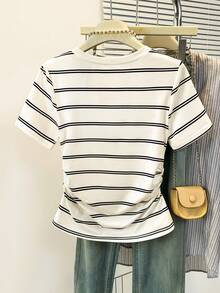 GlowEve Áo thun nữ tay ngắn cổ chữ V kẻ sọc, kiểu dáng thường ngày, thích hợp mặc đi làm, mùa hè. - Nhiều màu - Xem 2
