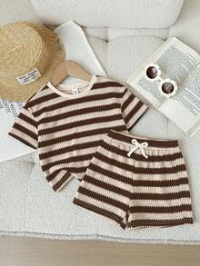 SHEIN 2 piezas Conjunto de camiseta de cuello redondo de punto a rayas y pantalones cortos para niña joven - Rosa Pálido - Ver 5