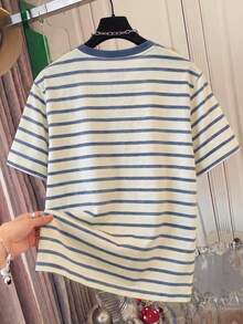 Resyla Striped Digital Print Fashionable Minimalist Plus Size Long Round Neck Drop Shoulder T-Shirt, Gift For Friends - Multicolor - View 2