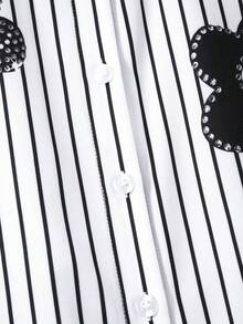 SHEIN 女童条纹纹理面料短袖衬衫和休闲裤两件套，女童舒适粉色条纹翻领纽扣上衣和蝴蝶结裤套装，适合日常穿着，春夏款 - 黑與白 - 查看 5