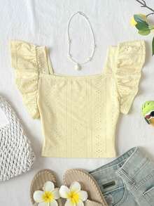 SHEIN Atasan Tank Top Kasual Elegan Leher Persegi Berkerut dari Kain Jacquard untuk Remaja Perempuan - Berwarna merah muda - View 6