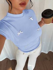 Rafferiza Versatile French Pleated Bowknot Short Sleeve T-Shirt - Blue - View 6