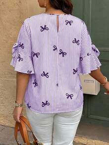 Weeklong Plus Size Striped Bow Print Decorative Butterfly Shirt, Random Print - Multicolor - View 2