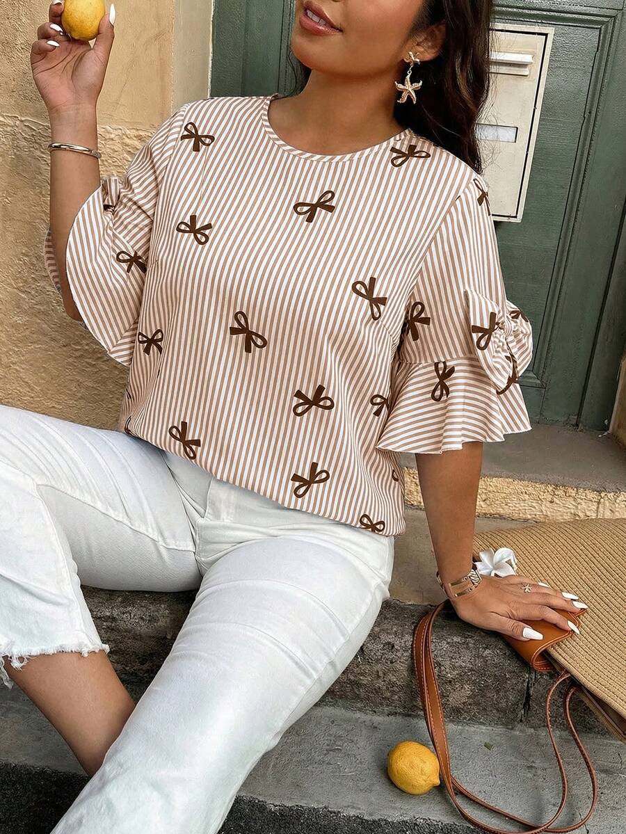 Weeklong Plus Size Random Butterfly White Print Round Neck Casual Cute Shirt Vacation Summer - Multicolor - View 1