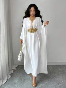 SHEIN Elenzya Đầm midi ôm dáng, thanh lịch, thắt eo, trang trí viền vàng dành cho nữ. - trắng - Xem 3