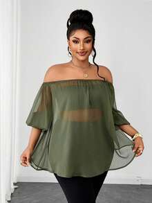 Maweii Damen Große Größen Lockere Bluse mit Off-Shoulder Design und Petal-Ärmeln Einfarbig - Olivgrün - Übersicht 2