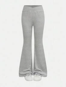 Girlism 2pcs Teen Girls' Grey Solid Knit Flare Leggings,Winter Waist Criss-Cross Design Skinny Casual Flare Pants Set,Versatile Everyday & - Grey - View 5