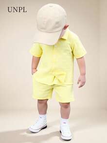 SHEIN 男童纯色 Polo 领衬衫配短裤两件套，夏季 - 黃色 - 查看 3