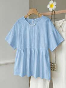 SHEIN EZwear 100%純棉淺藍色亞麻編織女款襯衫，夏季上衣，適合日常通勤、約會、聚會、秋冬/夏季、聖誕節、新年、感恩節、派對、婚禮、海灘、畢業典禮、時尚、優雅、休閒、外出、約會、預約、通勤、亮麗、情人節、優雅、度假 - 淺藍色 - 查看 5