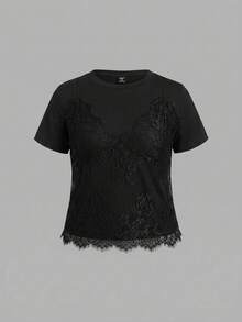 SHEIN MOD Kaos Crop Top Hitam Ukuran Besar 2 in 1 dengan Patchwork Renda dan Leher Bulat, Cocok untuk Kencan Malam di Musim Panas dan Seksi - Hitam - View 1